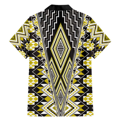 Yellow Aotearoa Tukutuku and Poutama Motif Family Matching Off Shoulder Short Dress and Hawaiian Shirt