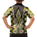 Yellow Aotearoa Tukutuku and Poutama Motif Family Matching Puletasi and Hawaiian Shirt