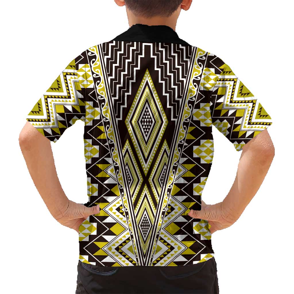 Yellow Aotearoa Tukutuku and Poutama Motif Family Matching Puletasi and Hawaiian Shirt