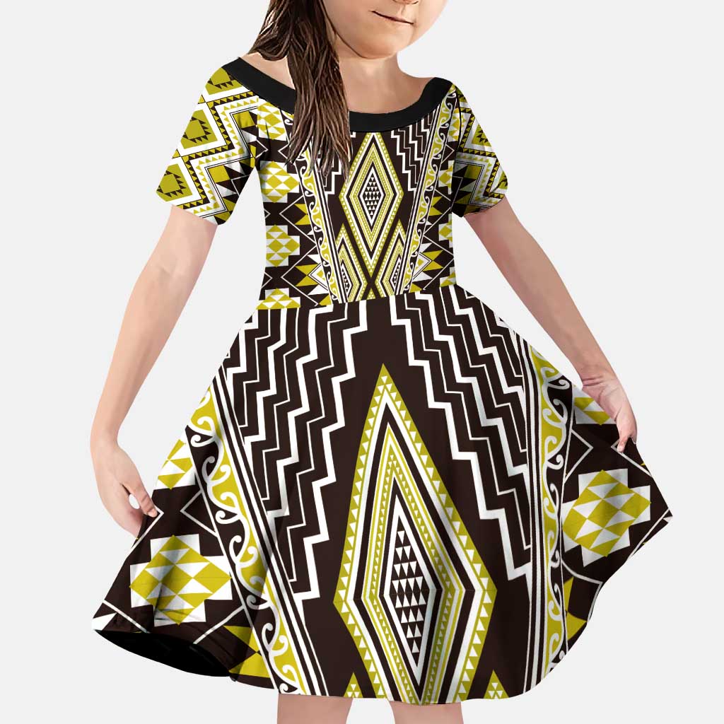 Yellow Aotearoa Tukutuku and Poutama Motif Family Matching Puletasi and Hawaiian Shirt