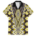 Yellow Aotearoa Tukutuku and Poutama Motif Family Matching Puletasi and Hawaiian Shirt