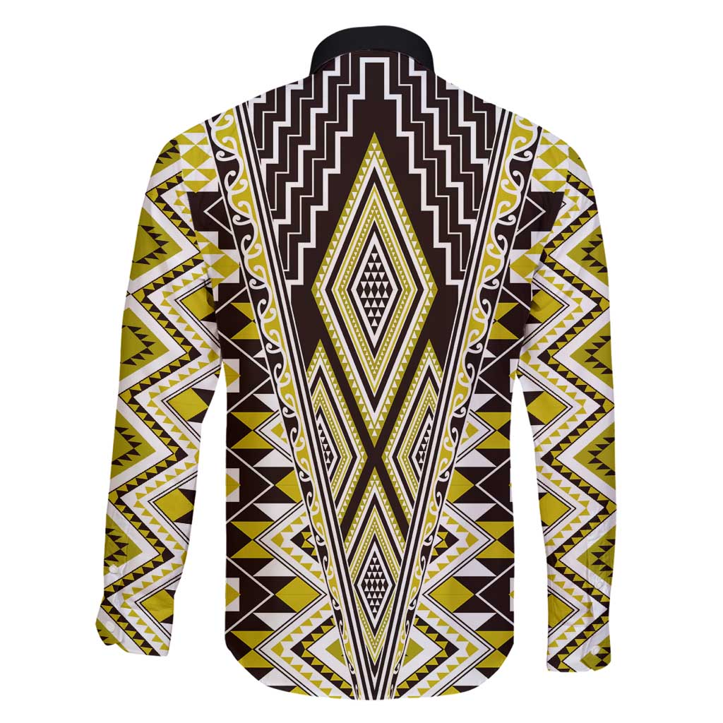 Yellow Aotearoa Tukutuku and Poutama Motif Family Matching Puletasi and Hawaiian Shirt