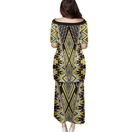 Yellow Aotearoa Tukutuku and Poutama Motif Family Matching Puletasi and Hawaiian Shirt