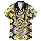 Yellow Aotearoa Tukutuku and Poutama Motif Family Matching Short Sleeve Bodycon Dress and Hawaiian Shirt