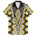 Yellow Aotearoa Tukutuku and Poutama Motif Family Matching Summer Maxi Dress and Hawaiian Shirt