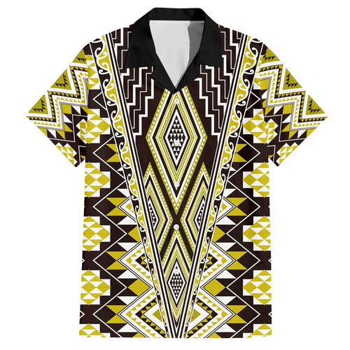 Yellow Aotearoa Tukutuku and Poutama Motif Family Matching Summer Maxi Dress and Hawaiian Shirt