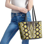 Yellow Aotearoa Tukutuku and Poutama Motif Leather Tote Bag