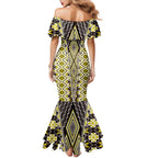 Yellow Aotearoa Tukutuku and Poutama Motif Mermaid Dress