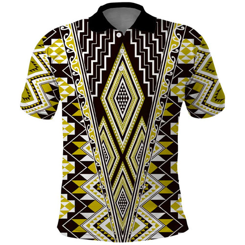 Yellow Aotearoa Tukutuku and Poutama Motif Polo Shirt