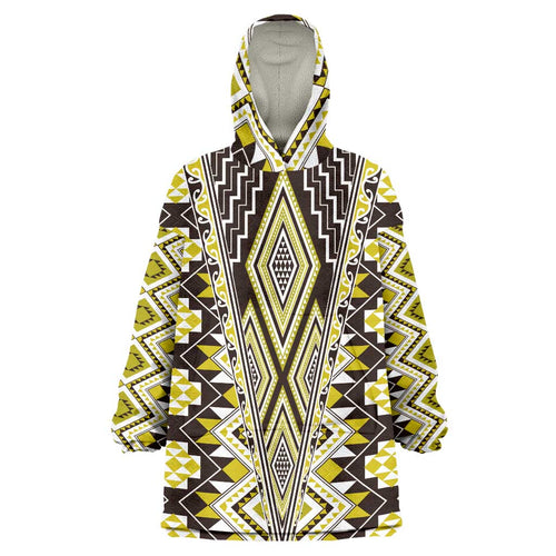 Yellow Aotearoa Tukutuku and Poutama Motif Wearable Blanket Hoodie