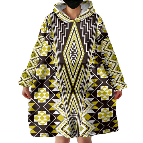 Yellow Aotearoa Tukutuku and Poutama Motif Wearable Blanket Hoodie