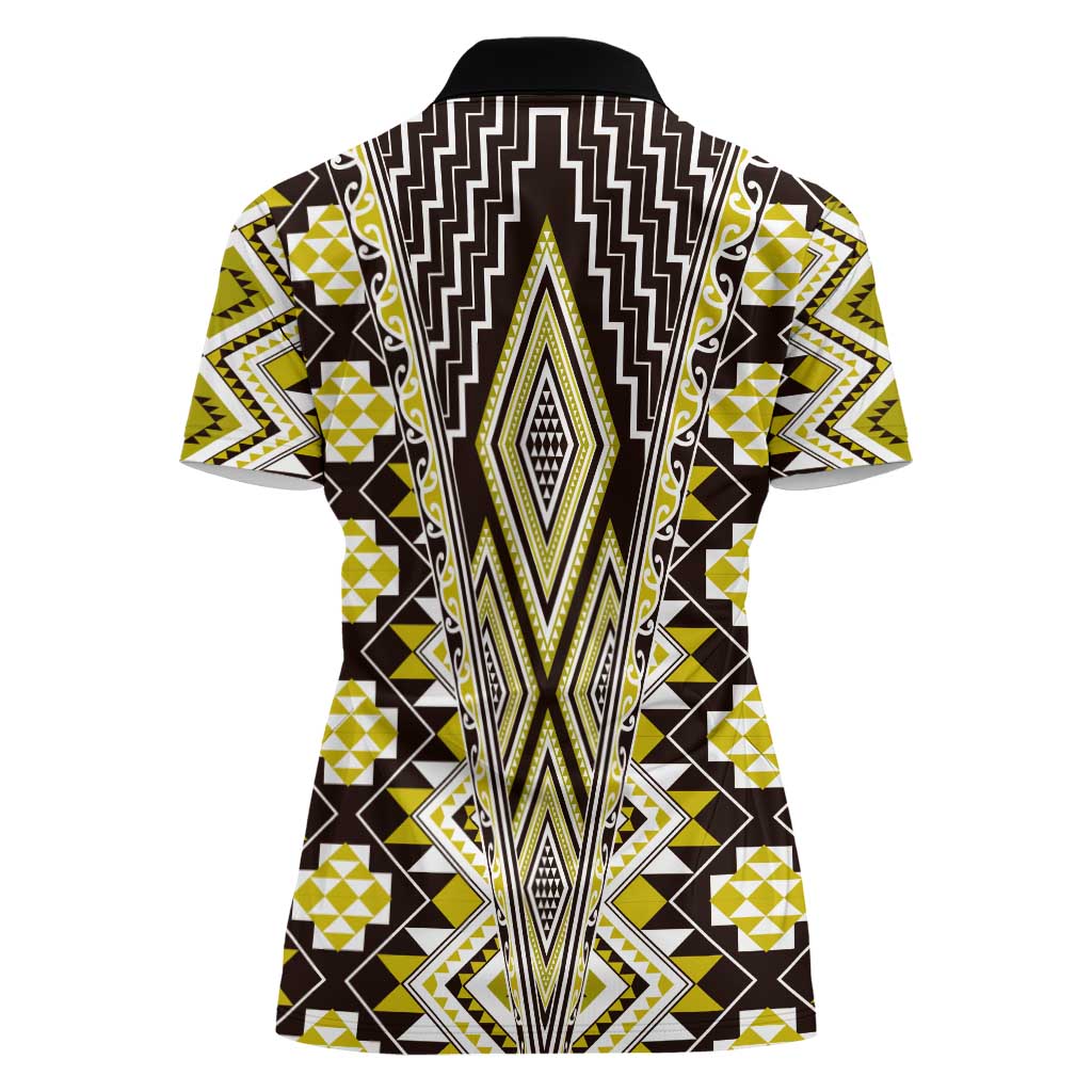 Yellow Aotearoa Tukutuku and Poutama Motif Women Polo Shirt