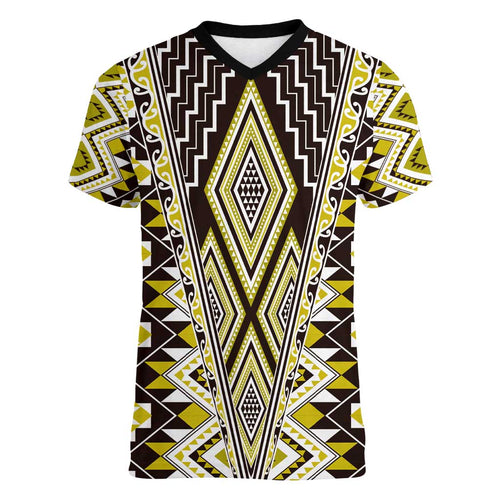 Yellow Aotearoa Tukutuku and Poutama Motif Women V-Neck T-Shirt