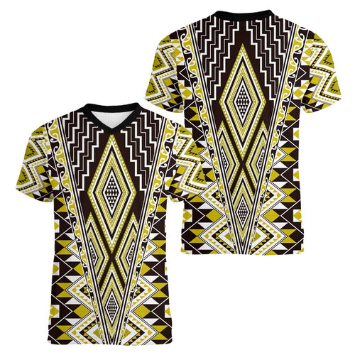 Yellow Aotearoa Tukutuku and Poutama Motif Women V-Neck T-Shirt