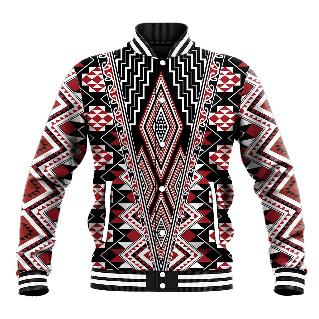 Red Aotearoa Tukutuku and Poutama Motif Baseball Jacket
