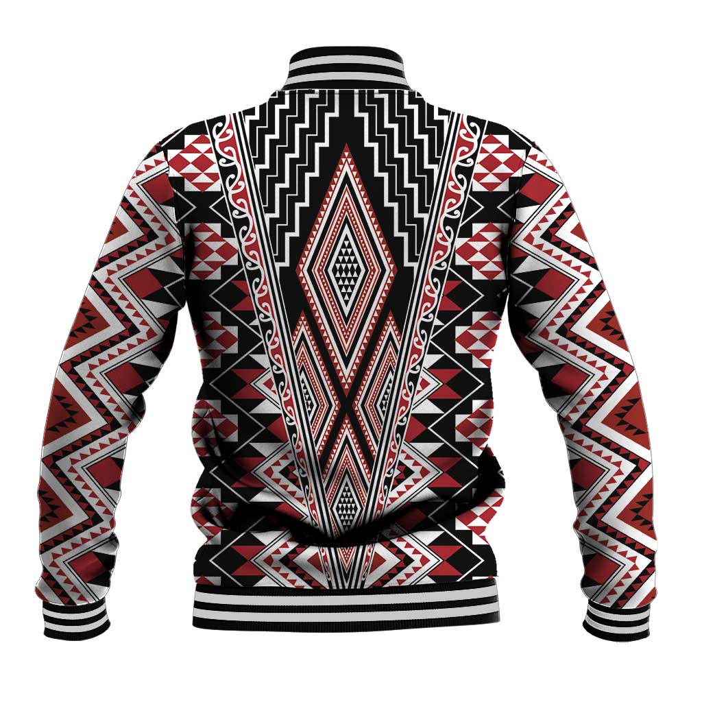 Red Aotearoa Tukutuku and Poutama Motif Baseball Jacket