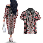 Red Aotearoa Tukutuku and Poutama Motif Couples Matching Off The Shoulder Long Sleeve Dress and Hawaiian Shirt
