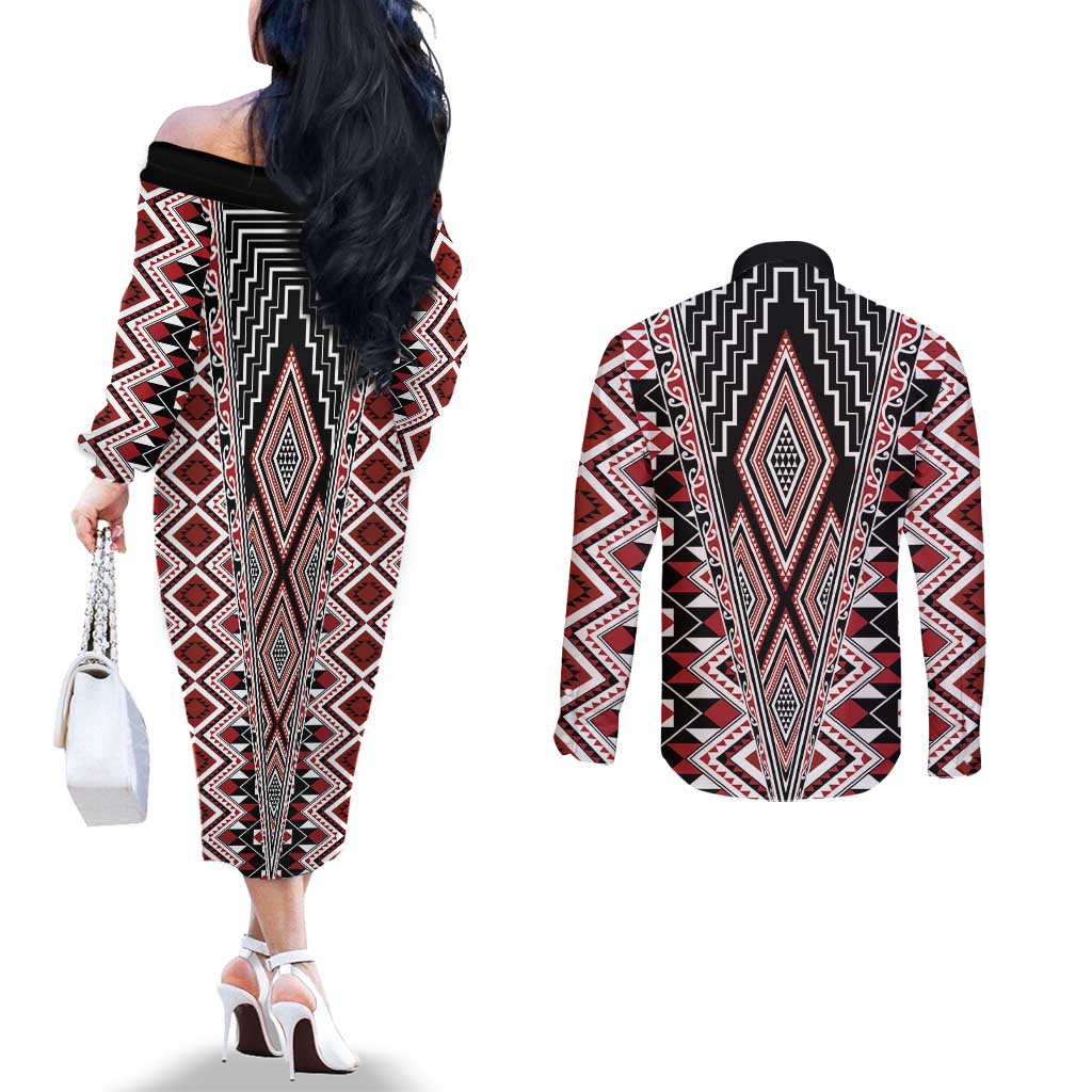 Red Aotearoa Tukutuku and Poutama Motif Couples Matching Off The Shoulder Long Sleeve Dress and Long Sleeve Button Shirt