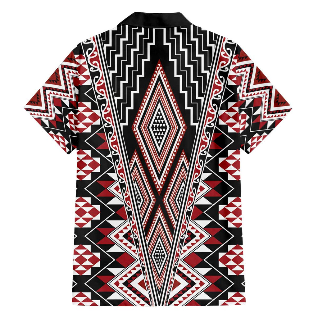 Red Aotearoa Tukutuku and Poutama Motif Family Matching Off The Shoulder Long Sleeve Dress and Hawaiian Shirt