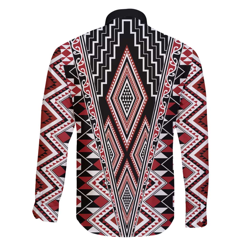 Red Aotearoa Tukutuku and Poutama Motif Family Matching Off Shoulder Maxi Dress and Hawaiian Shirt