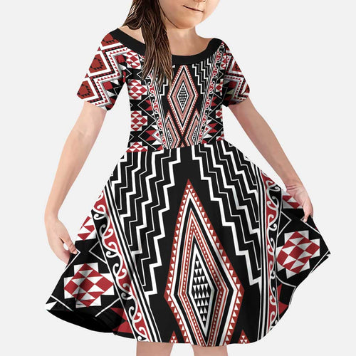 Red Aotearoa Tukutuku and Poutama Motif Family Matching Puletasi and Hawaiian Shirt