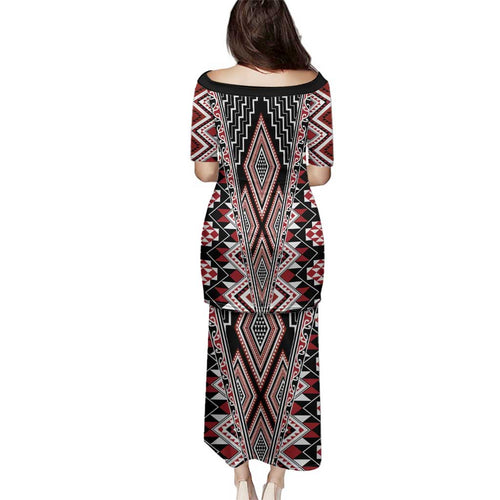 Red Aotearoa Tukutuku and Poutama Motif Family Matching Puletasi and Hawaiian Shirt