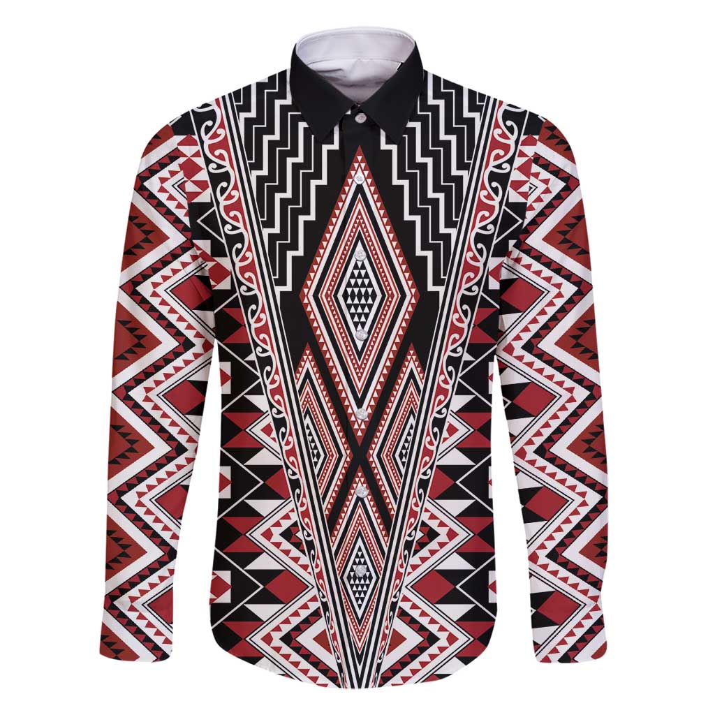 Red Aotearoa Tukutuku and Poutama Motif Family Matching Summer Maxi Dress and Hawaiian Shirt