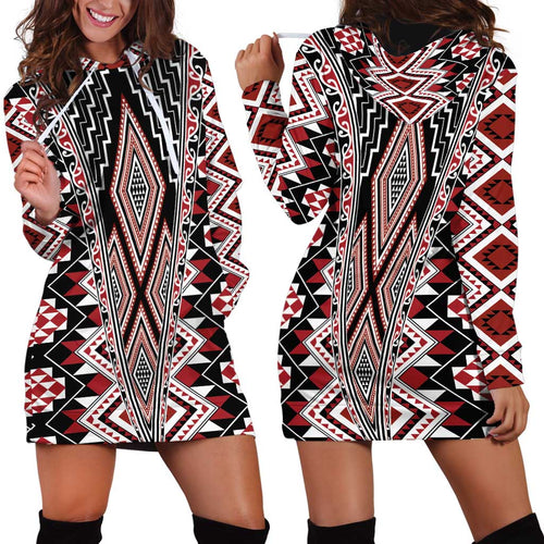 Red Aotearoa Tukutuku and Poutama Motif Hoodie Dress