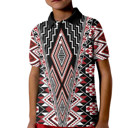 Red Aotearoa Tukutuku and Poutama Motif Kid Polo Shirt