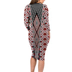 Red Aotearoa Tukutuku and Poutama Motif Long Sleeve Bodycon Dress