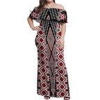 Red Aotearoa Tukutuku and Poutama Motif Off Shoulder Maxi Dress