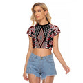 Red Aotearoa Tukutuku and Poutama Motif Raglan Cropped T Shirt