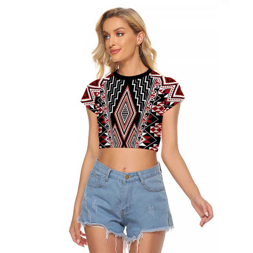 Red Aotearoa Tukutuku and Poutama Motif Raglan Cropped T Shirt