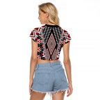 Red Aotearoa Tukutuku and Poutama Motif Raglan Cropped T Shirt