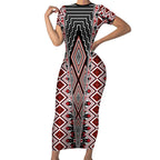 Red Aotearoa Tukutuku and Poutama Motif Short Sleeve Bodycon Dress