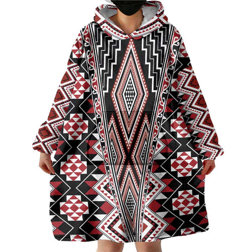 Red Aotearoa Tukutuku and Poutama Motif Wearable Blanket Hoodie