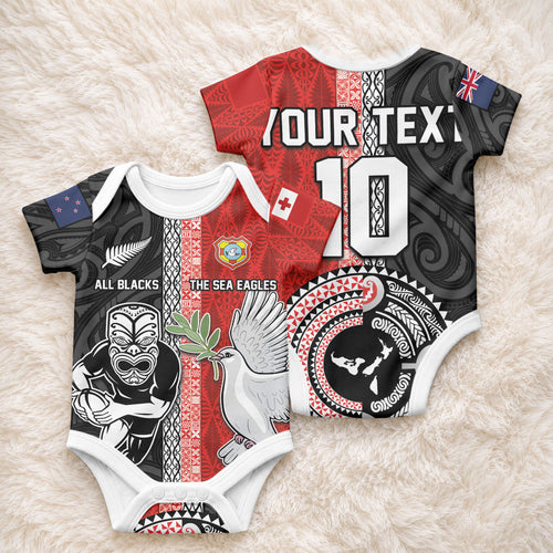 Custom Tonga and New Zealand Rugby Baby Onesie Maori Mix Ngatu Pattern
