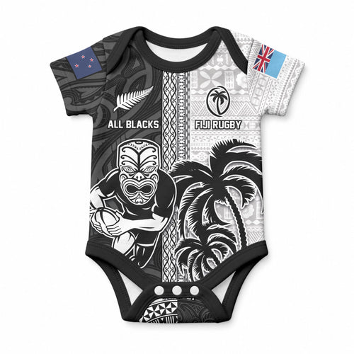 Custom Fiji and New Zealand Rugby Baby Onesie Tapa Mix Maori Pattern