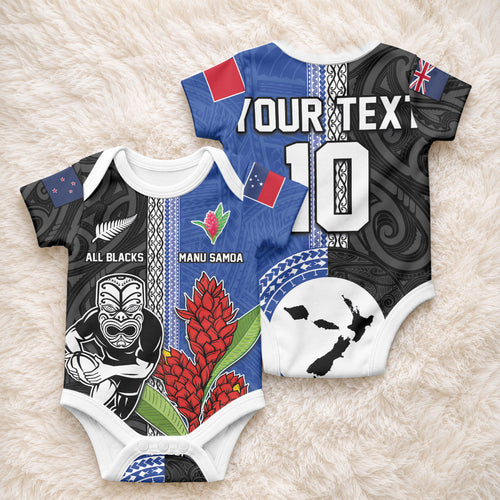 Custom Samoa and New Zealand Rugby Baby Onesie Teuila Samoan and Maori Warrior