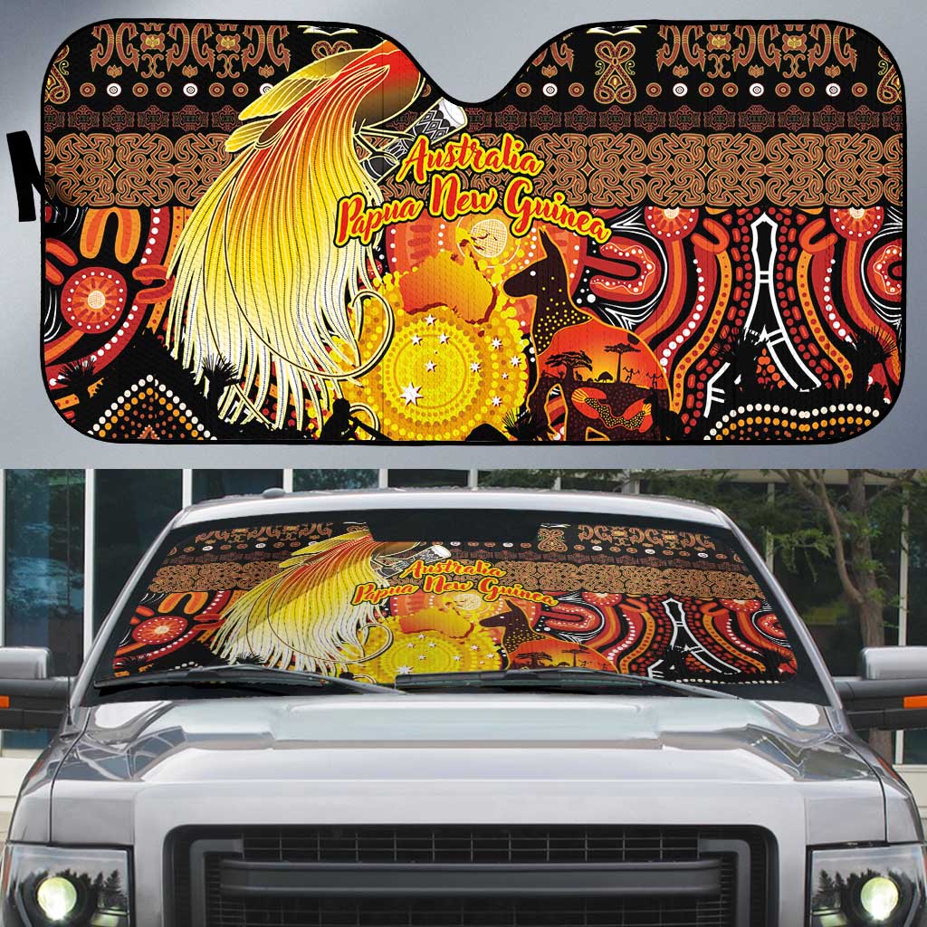 Australia and Papua New Guinea Together Auto Sun Shade Kangaroo Aboriginal Art and Bird-of-paradise Oro Tribal Motifs - Aussie Hoodie