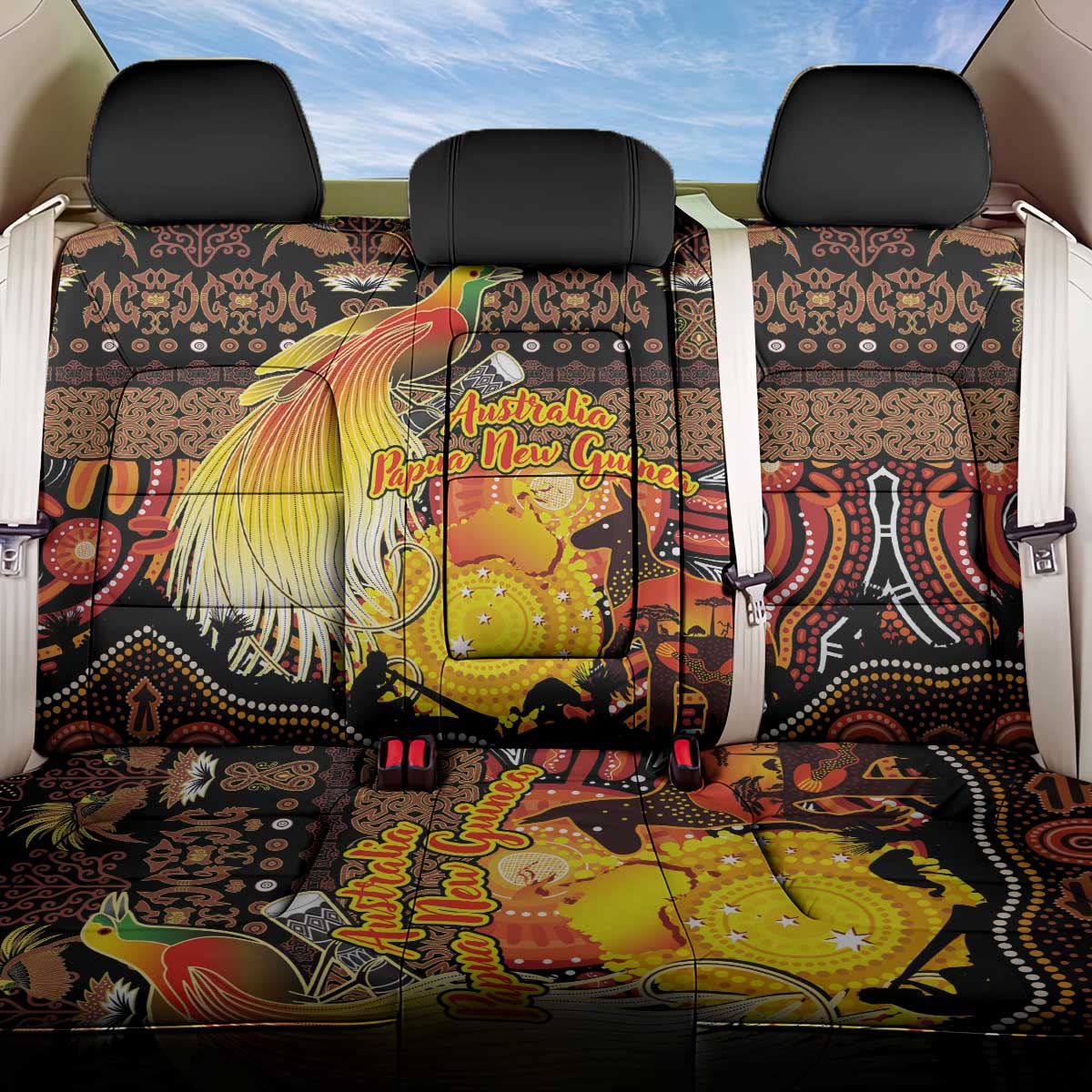 Australia and Papua New Guinea Together Back Car Seat Cover Kangaroo Aboriginal Art and Bird-of-paradise Oro Tribal Motifs - Aussie Hoodie