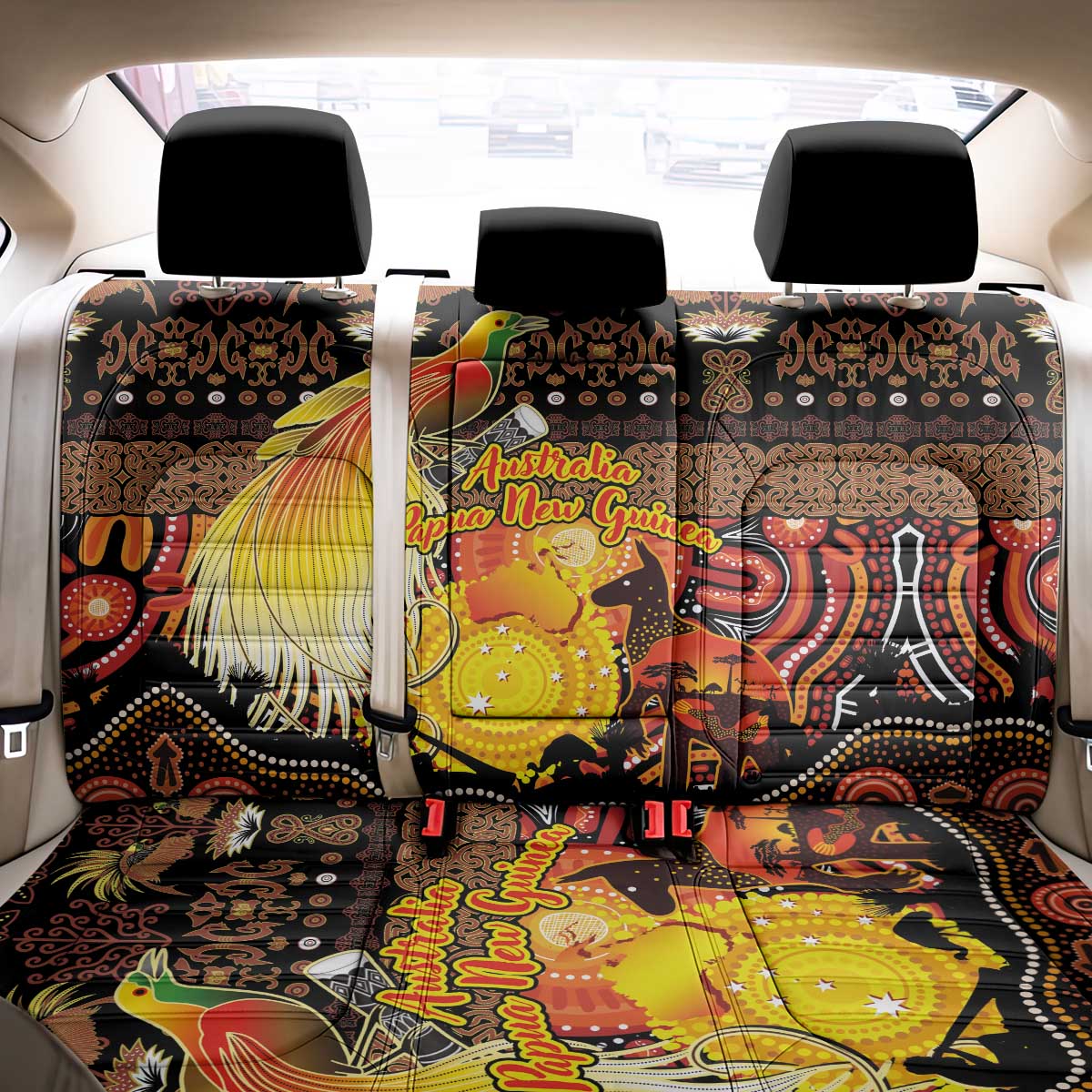 Australia and Papua New Guinea Together Back Car Seat Cover Kangaroo Aboriginal Art and Bird-of-paradise Oro Tribal Motifs - Aussie Hoodie