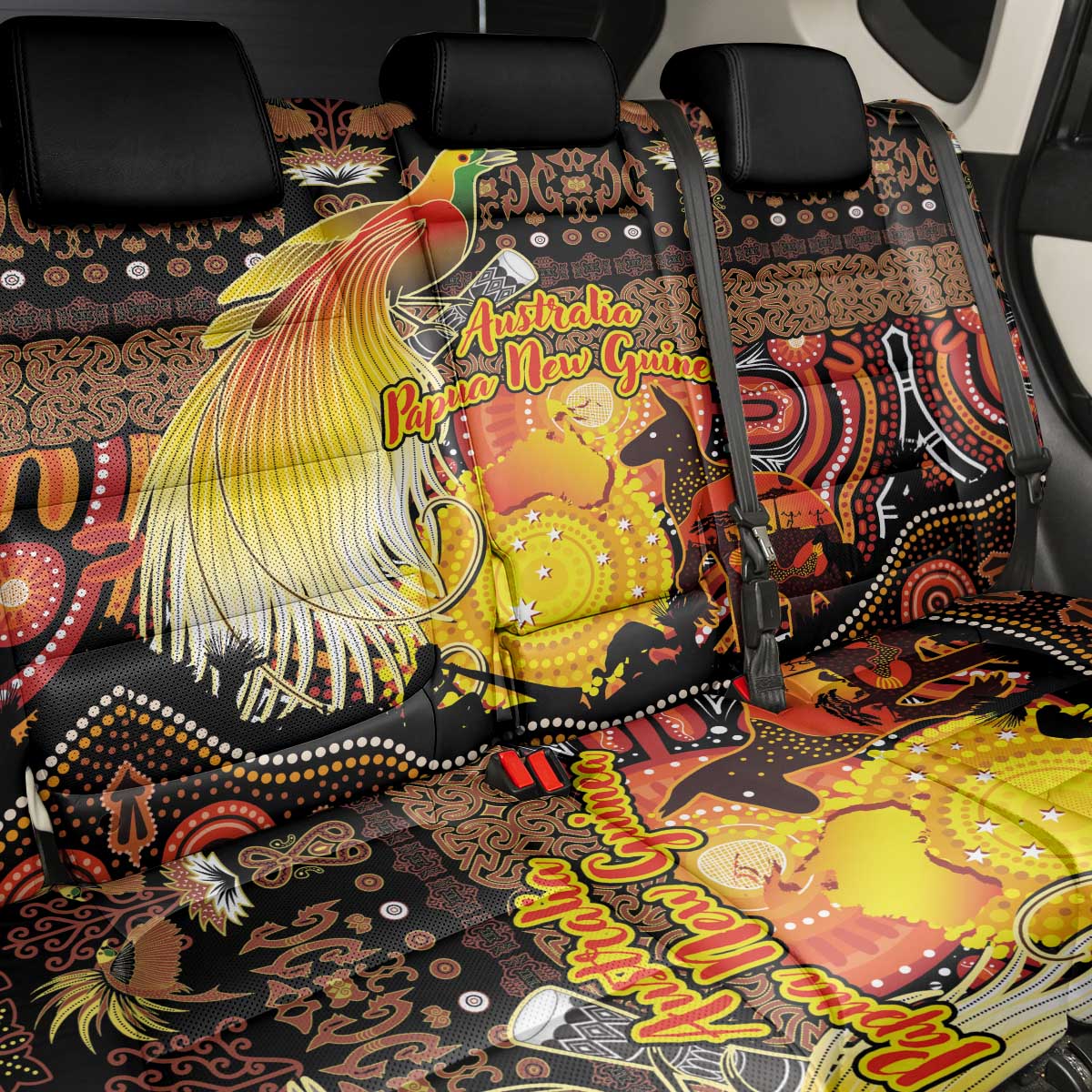Australia and Papua New Guinea Together Back Car Seat Cover Kangaroo Aboriginal Art and Bird-of-paradise Oro Tribal Motifs - Aussie Hoodie