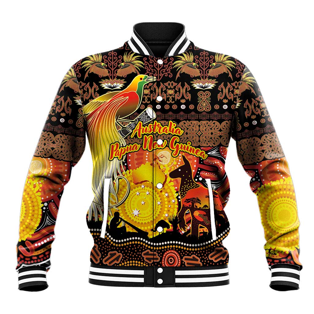 Personalized Australia and Papua New Guinea Together Baseball Jacket Kangaroo Aboriginal Art and Bird-of-paradise Oro Tribal Motifs - Aussie Hoodie