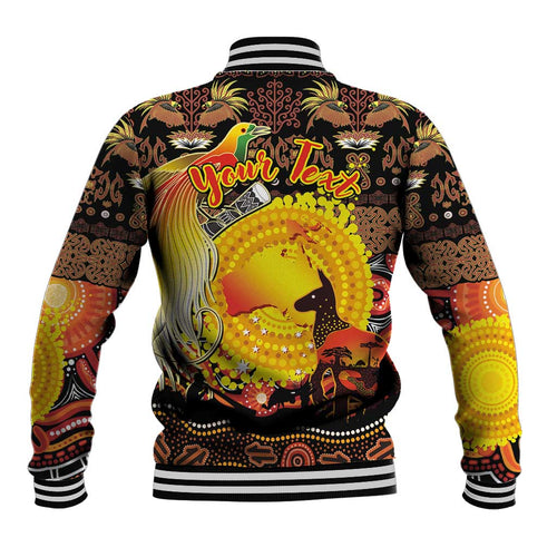 Personalized Australia and Papua New Guinea Together Baseball Jacket Kangaroo Aboriginal Art and Bird-of-paradise Oro Tribal Motifs - Aussie Hoodie