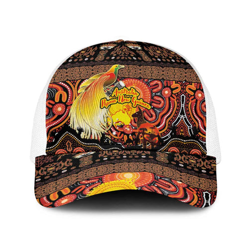 Australia and Papua New Guinea Together Baseball Net Cap Kangaroo Aboriginal Art and Bird-of-paradise with Oro Tribal Motifs - Aussie Hoodie