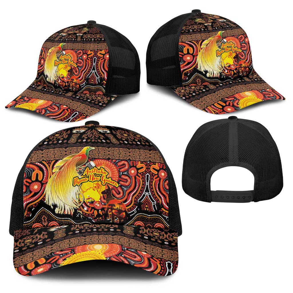 Australia and Papua New Guinea Together Baseball Net Cap Kangaroo Aboriginal Art and Bird-of-paradise with Oro Tribal Motifs - Aussie Hoodie