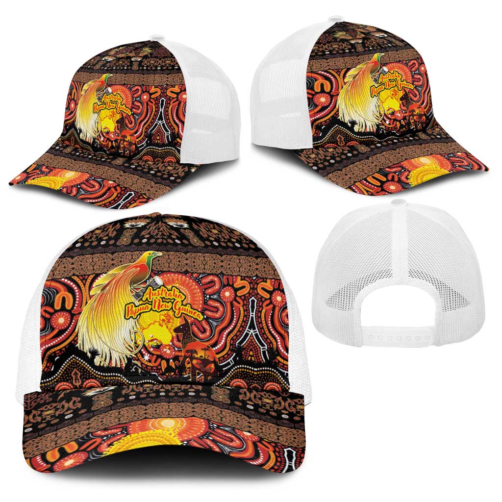 Australia and Papua New Guinea Together Baseball Net Cap Kangaroo Aboriginal Art and Bird-of-paradise with Oro Tribal Motifs - Aussie Hoodie