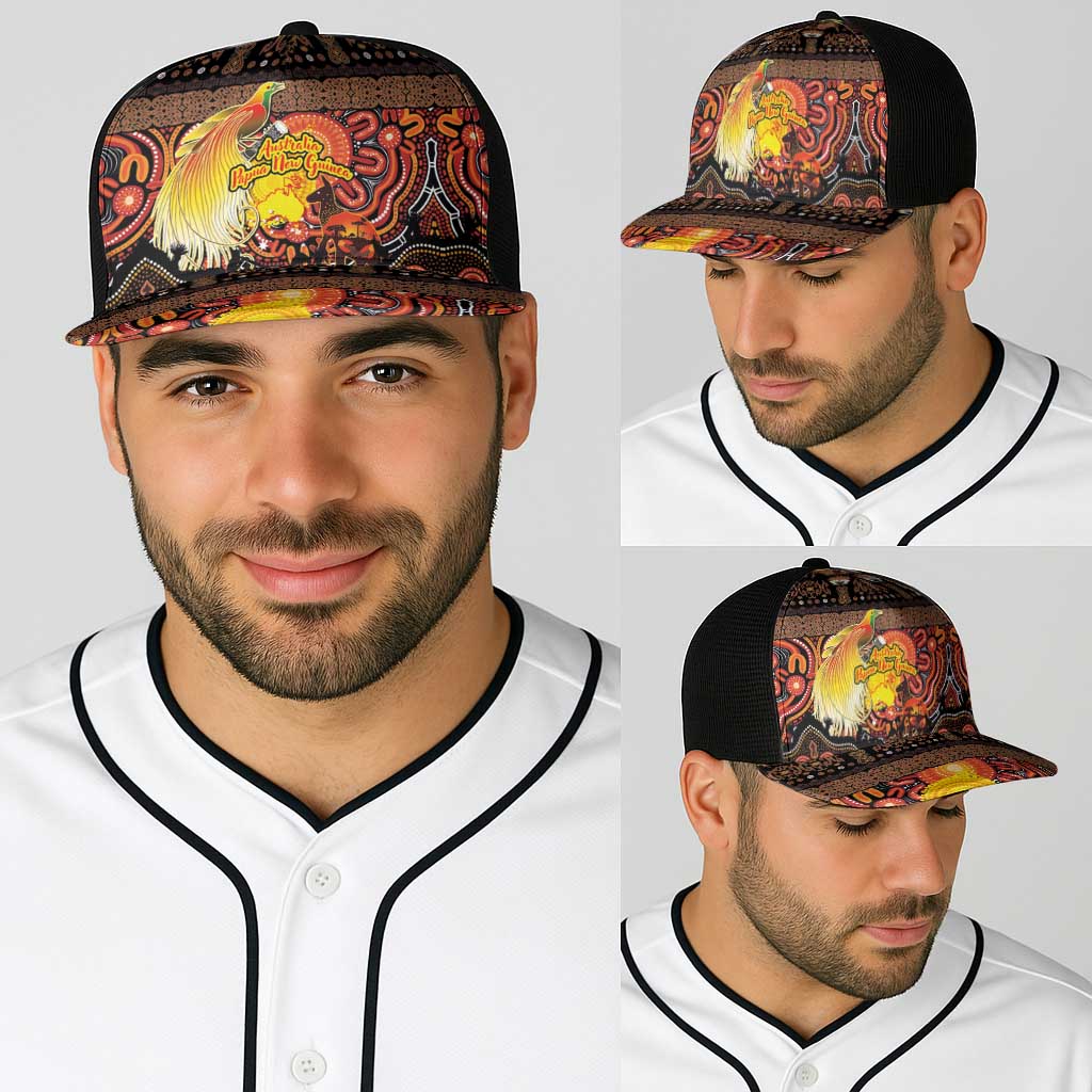 Australia and Papua New Guinea Together Baseball Net Cap Kangaroo Aboriginal Art and Bird-of-paradise with Oro Tribal Motifs - Aussie Hoodie