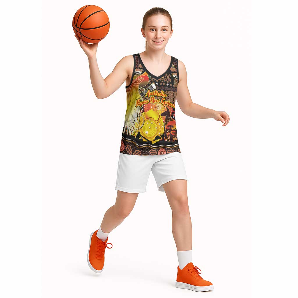 Personalized Australia and Papua New Guinea Together Basketball Jersey Kangaroo Aboriginal Art and Bird-of-paradise Oro Tribal Motifs - Aussie Hoodie